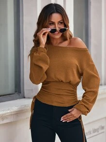 SHEIN Essnce Áo thun nữ Dây kéo Gân đan màu trơn Thanh lịch - màu nâu - Xem 8