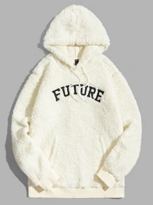 Manfinity Men Letter Embroidery Kangaroo Pocket Drawstring Teddy Hoodie - Beige - View 1