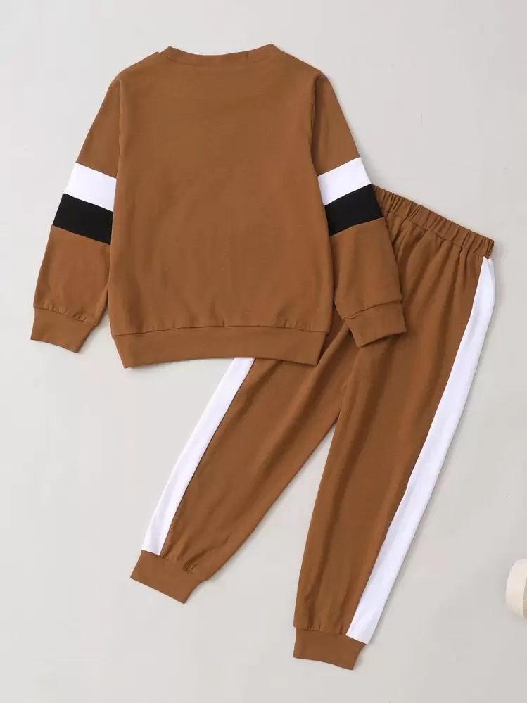 SHEIN Sweat-shirt blocs de couleurs Pour Jeune Garçon Avec Pantalon De Survêtement À Coutures Latérales Contrastées - Tabac - Voir 2
