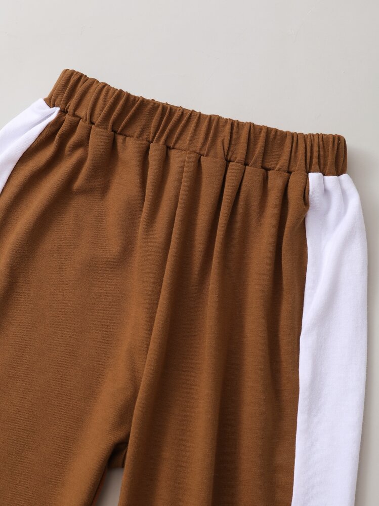 SHEIN Sweat-shirt blocs de couleurs Pour Jeune Garçon Avec Pantalon De Survêtement À Coutures Latérales Contrastées - Tabac - Voir 3