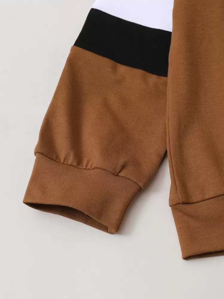 SHEIN Sweat-shirt blocs de couleurs Pour Jeune Garçon Avec Pantalon De Survêtement À Coutures Latérales Contrastées - Tabac - Voir 4