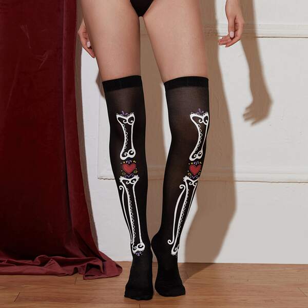 

Bone Print Over The Knee Socks, Black