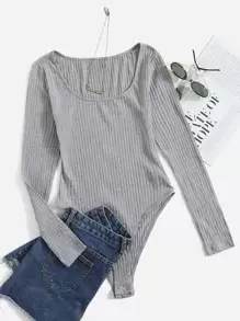 SHEIN EZwear Solid Ribbed Knit Bodysuit - Light Grey - View 6