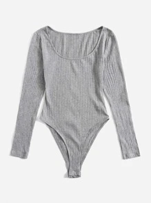 SHEIN EZwear Solid Ribbed Knit Bodysuit - Light Grey - View 3