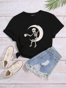 Camiseta esqueleto & con estampado de luna - Negro - Ver 1