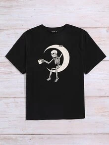 Camiseta esqueleto & con estampado de luna - Negro - Ver 5