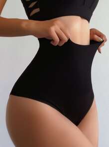 Solid High Waisted Shapewear Panty - Black - View 3