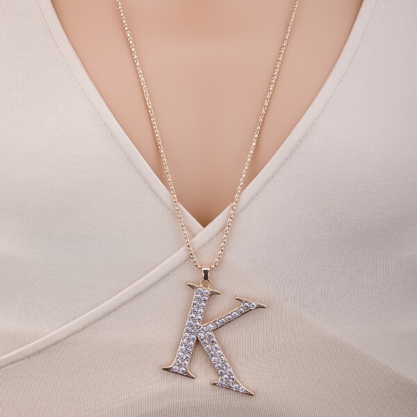

Rhinestone Letter Charm Necklace, Gold