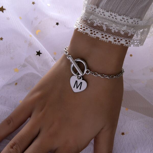 

Letter Graphic Heart Charm Bracelet, Silver