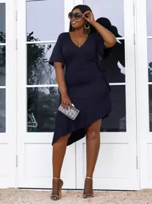 seomiscky Vestido de cuello profundo asimétrico bajo con fruncido - Azul Marino - Ver 1