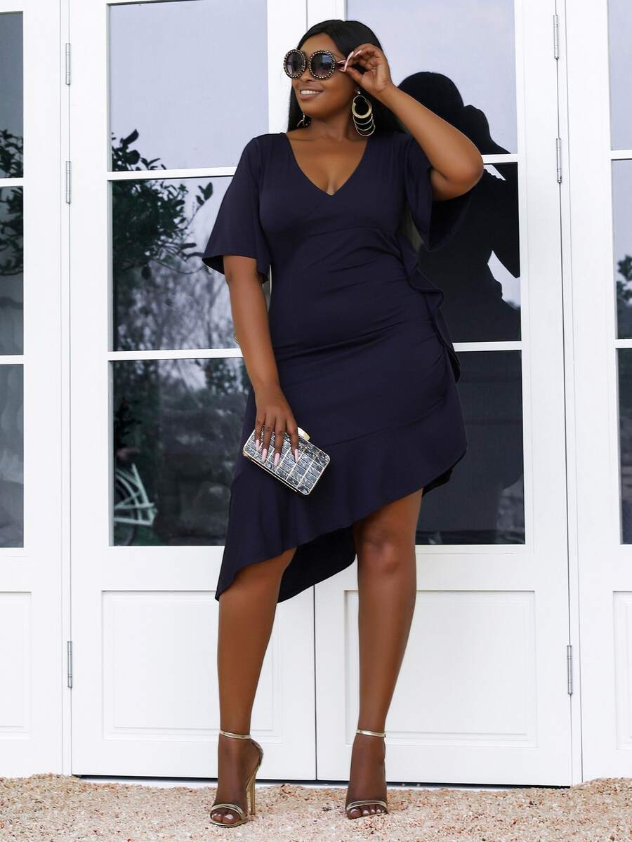 seomiscky Vestido de cuello profundo asimétrico bajo con fruncido - Azul Marino - Ver 1