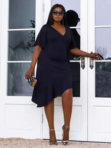 seomiscky Vestido de cuello profundo asimétrico bajo con fruncido - Azul Marino - Ver 7