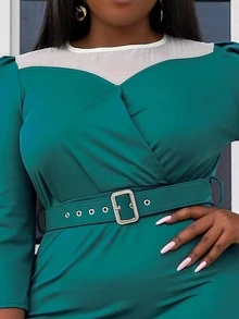 seomiscky Vestido con cinturón panel en contraste con abertura trasera con hebilla - Verde - Ver 5