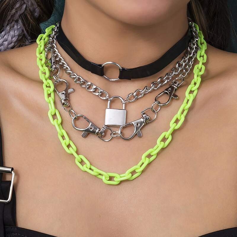 

4pcs Lock Decor Necklace, Silver