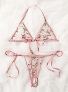 Butterfly Embroidery Mesh Lingerie Set - Pink - View 2