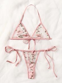 Butterfly Embroidery Mesh Lingerie Set - Pink - View 7