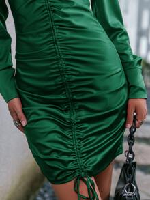 Simplee Đầm Dây kéo Xù màu trơn Thanh lịch - Màu xanh lá cây đậm - Xem 3