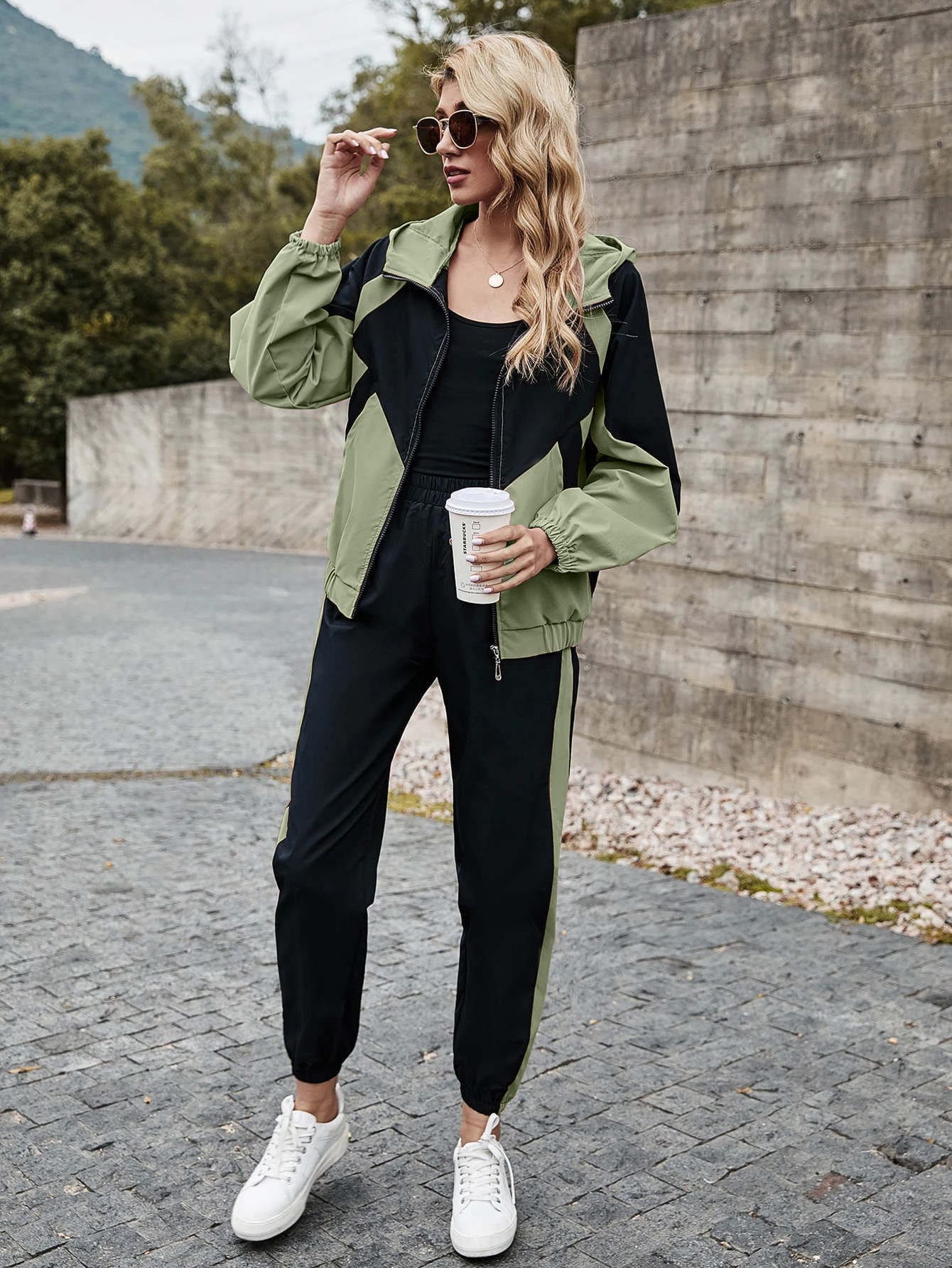 SHEIN LUNE Colorblock Hooded Zip Up Jacket & Sweatpants Set - Multicolor - View 1