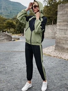 SHEIN LUNE Colorblock Hooded Zip Up Jacket & Sweatpants Set - Multicolor - View 3
