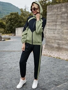 SHEIN LUNE Colorblock Hooded Zip Up Jacket & Sweatpants Set - Multicolor - View 4