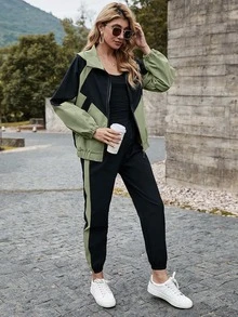SHEIN LUNE Colorblock Hooded Zip Up Jacket & Sweatpants Set - Multicolor - View 5