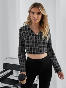 SHEIN Privé Plaid Tweed Crop Overcoat - Black and White - View 1