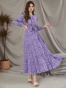 Mulvari فساتين عربية حزام مطوي الدانتيل منتفض ازهار صغيرة بوهو