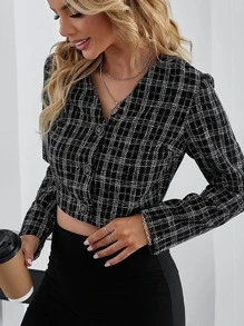 SHEIN Privé Plaid Tweed Crop Overcoat - Black and White - View 3