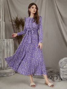 Mulvari فساتين عربية حزام مطوي الدانتيل منتفض ازهار صغيرة بوهو