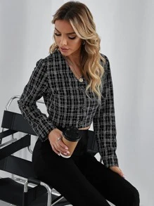 SHEIN Privé Plaid Tweed Crop Overcoat - Black and White - View 5