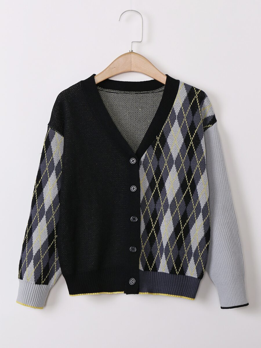 Boys Argyle Pattern Drop Shoulder Cardigan - Multicolor - View 1