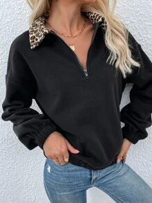 Sudadera de leopardo en contraste cremallera media forro polar - Negro - Ver 1