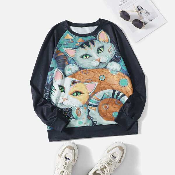 

Cat Print Raglan Sleeve Sweatshirt, Multicolor