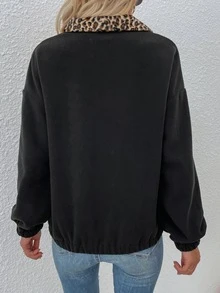 Sudadera de leopardo en contraste cremallera media forro polar - Negro - Ver 2