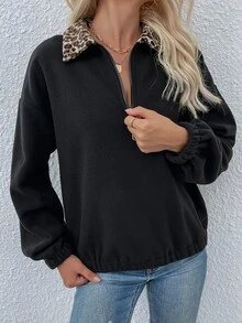 Sudadera de leopardo en contraste cremallera media forro polar - Negro - Ver 3