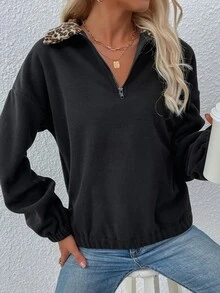 Sudadera de leopardo en contraste cremallera media forro polar - Negro - Ver 4