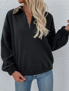 Sudadera de leopardo en contraste cremallera media forro polar - Negro - Ver 5