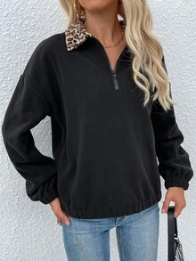 Sudadera de leopardo en contraste cremallera media forro polar - Negro - Ver 6