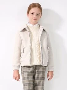 SOLOCOTE Tween 女童领口保暖衬里夹克 - 米色 - 查看 1