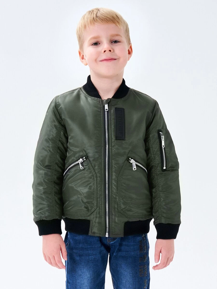 SOLOCOTE 男孩貼布細節拉鏈開襟飛行員夾克 - 軍綠色 - 查看 1