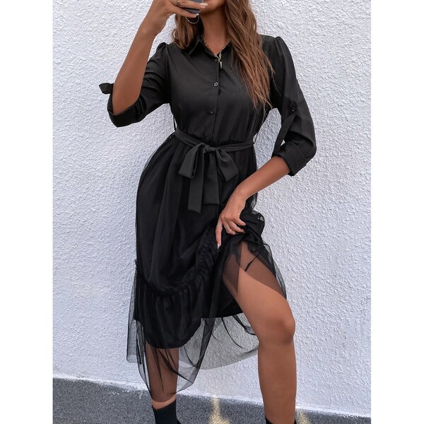 

Solid Belted Button Front Mesh Detail Dress, Black