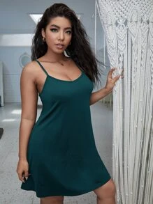 Vestido de dormir de tirantes panel con encaje - Verde Oscuro - Ver 3