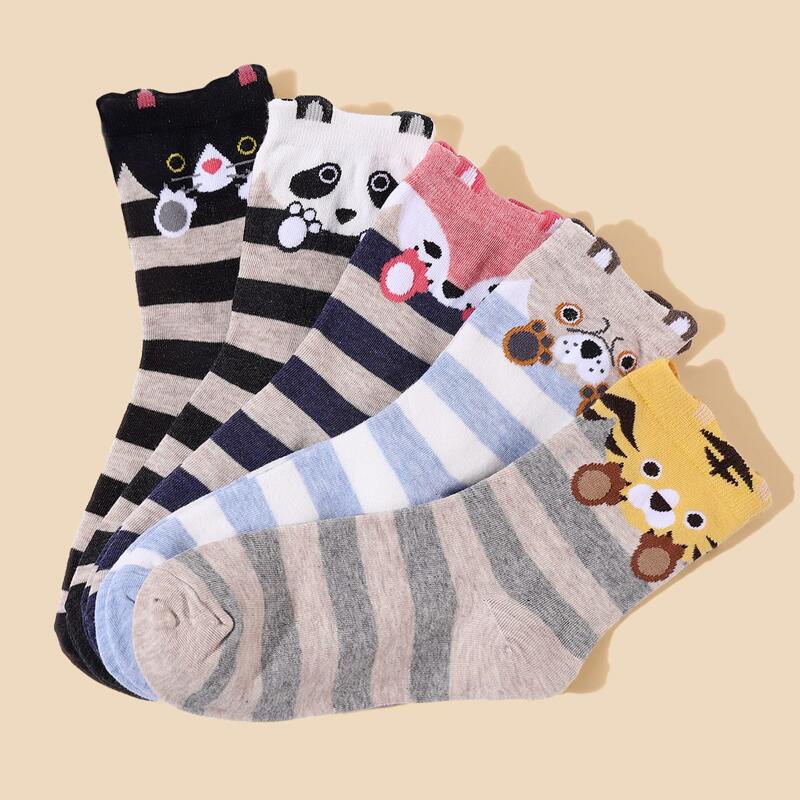 

5pairs Animal & Striped Pattern Socks, Multicolor
