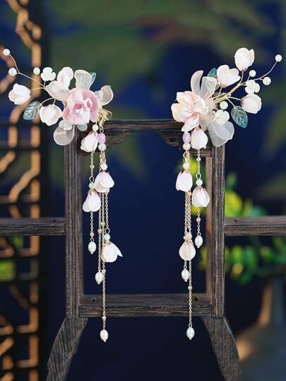 2pcs Chiffon Sheer Pink Tassel Hair Clips, Suitable For Daily Wear, Hair Accessories For Women, Head Accesssories