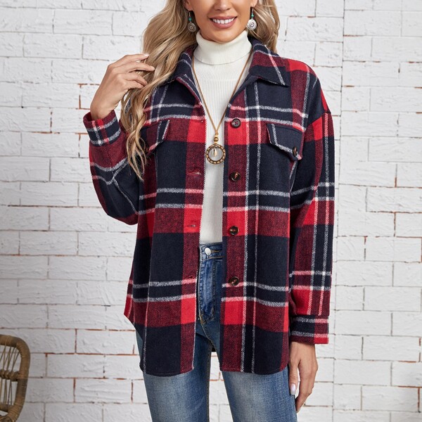 

Plaid Button Through Flap Detail Coat, Multicolor