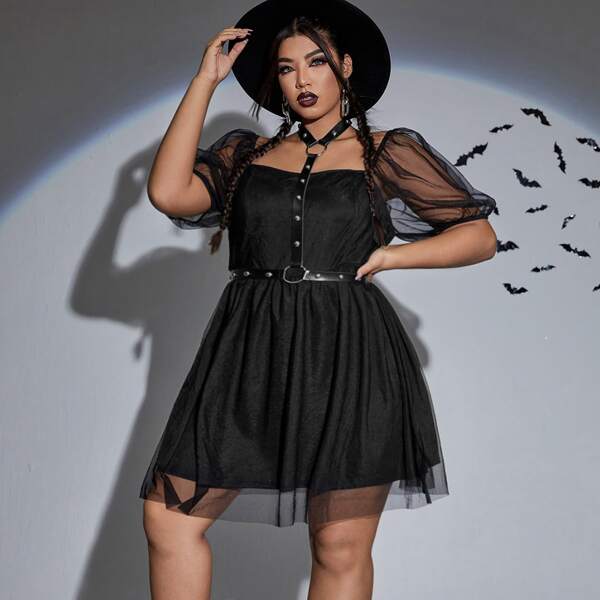 

Plus Puff Sleeve Belted Mesh Dress, Black