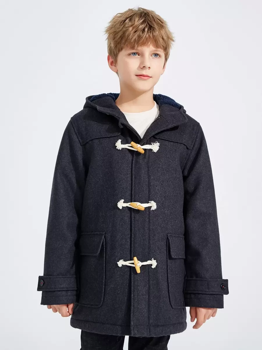 SOLOCOTE Boys Flap Pocket Hooded Overcoat - Dark Grey - View 1
