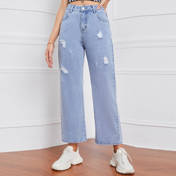 

Ripped Pocket Wide Leg Jeans, Light wash