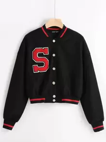 Letter Patched Striped Trim Drop Shoulder Varsity Jacket - Black - View 1