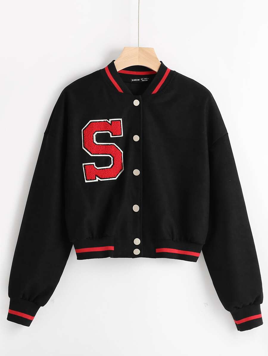 Letter Patched Striped Trim Drop Shoulder Varsity Jacket - Black - View 1